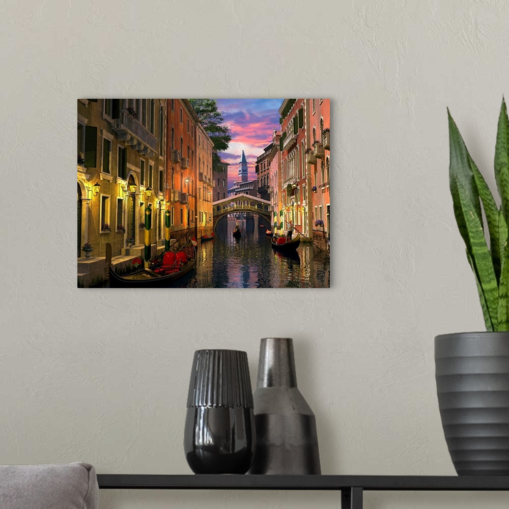 A modern room featuring A photograph of a quiet, historic canal filled with gondolas maneuvering in the twilight on this ...