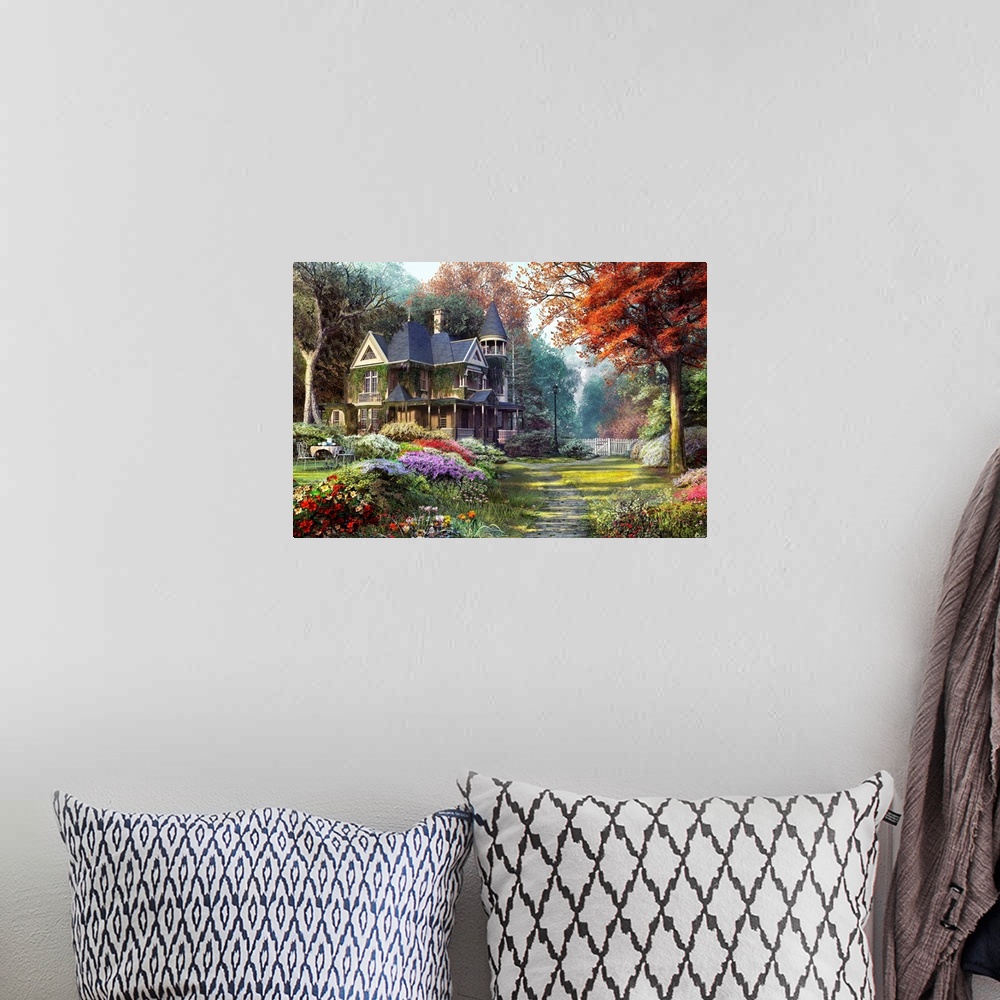 A bohemian room featuring Painting on canvas of a big house with a beautiful garden surrounding it.