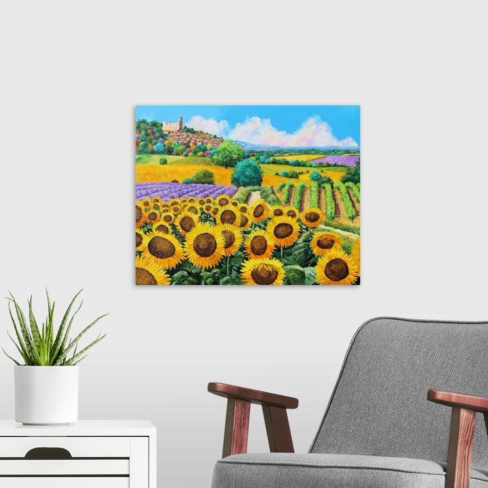 A modern room featuring Painting of a countryside field of massive yellow sunflowers and rows of vineyards,