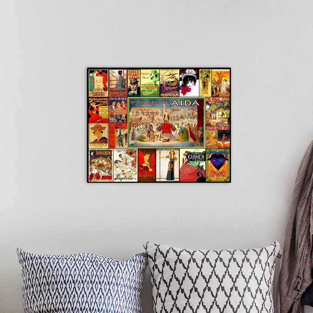 A bohemian room featuring A mosaic collage of vintage Opera and theater posters.