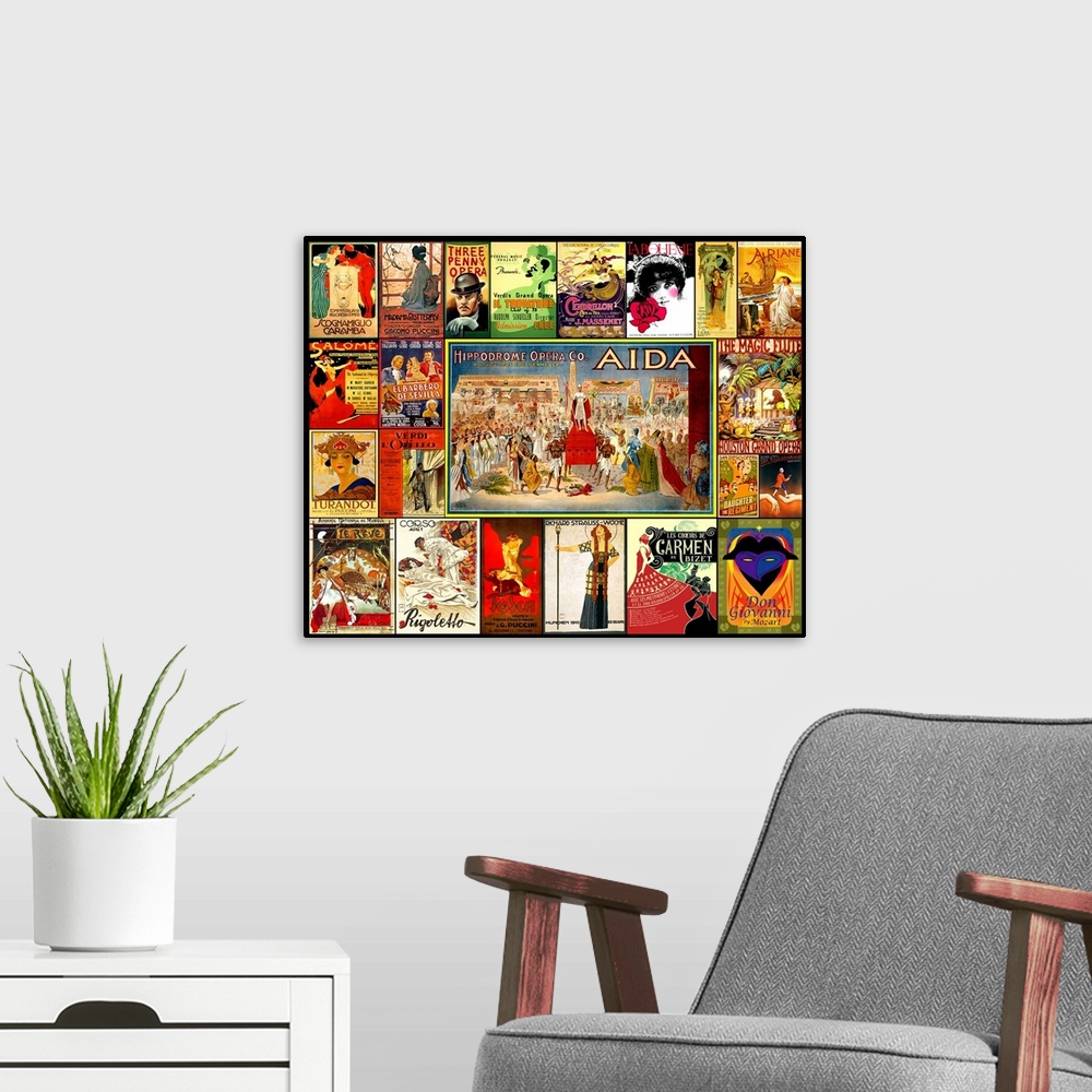 A modern room featuring A mosaic collage of vintage Opera and theater posters.