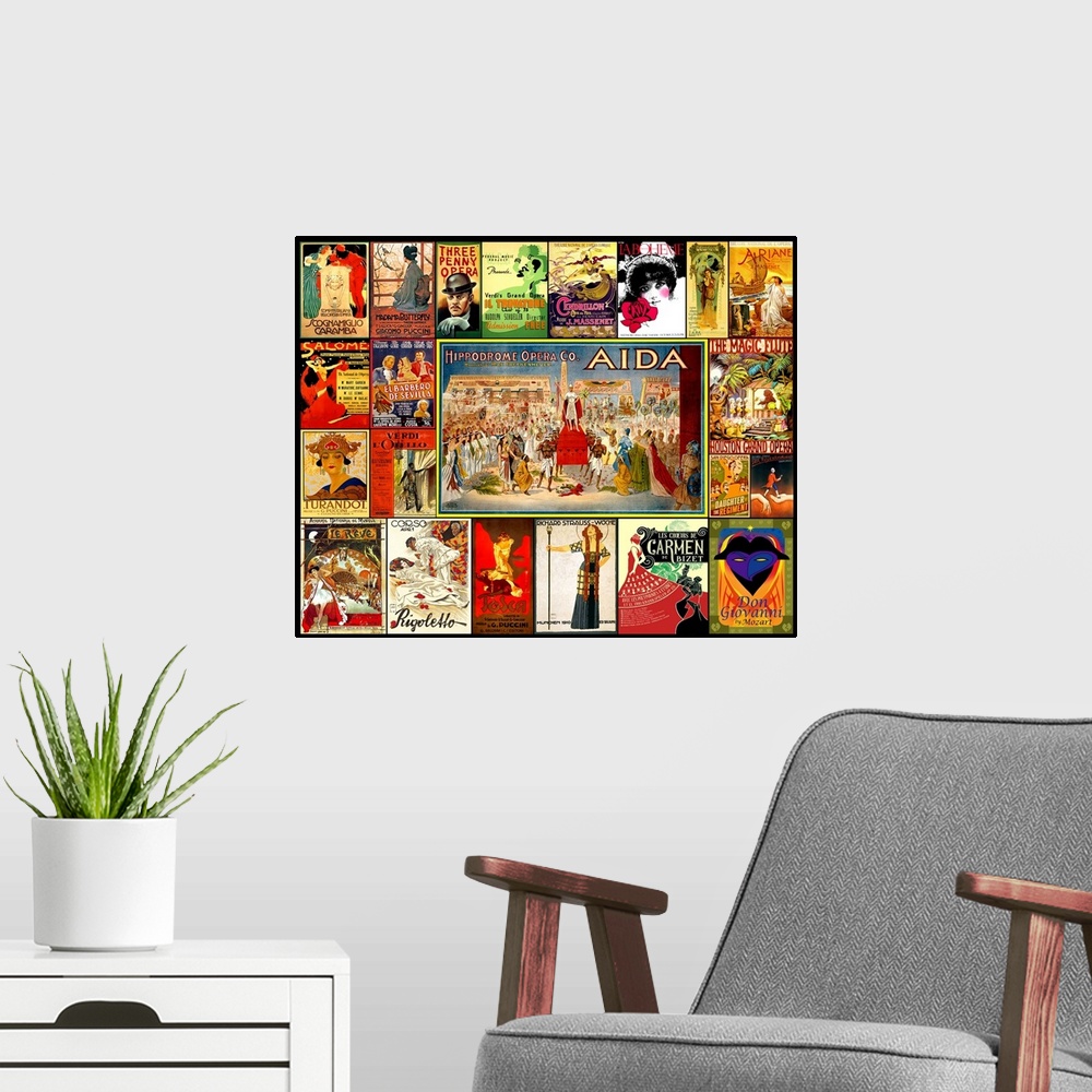 A modern room featuring A mosaic collage of vintage Opera and theater posters.