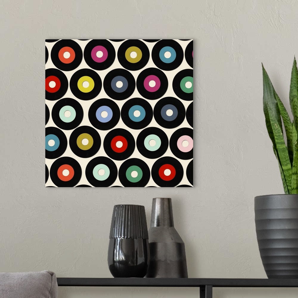 A modern room featuring Retro vinyl record pattern on white.