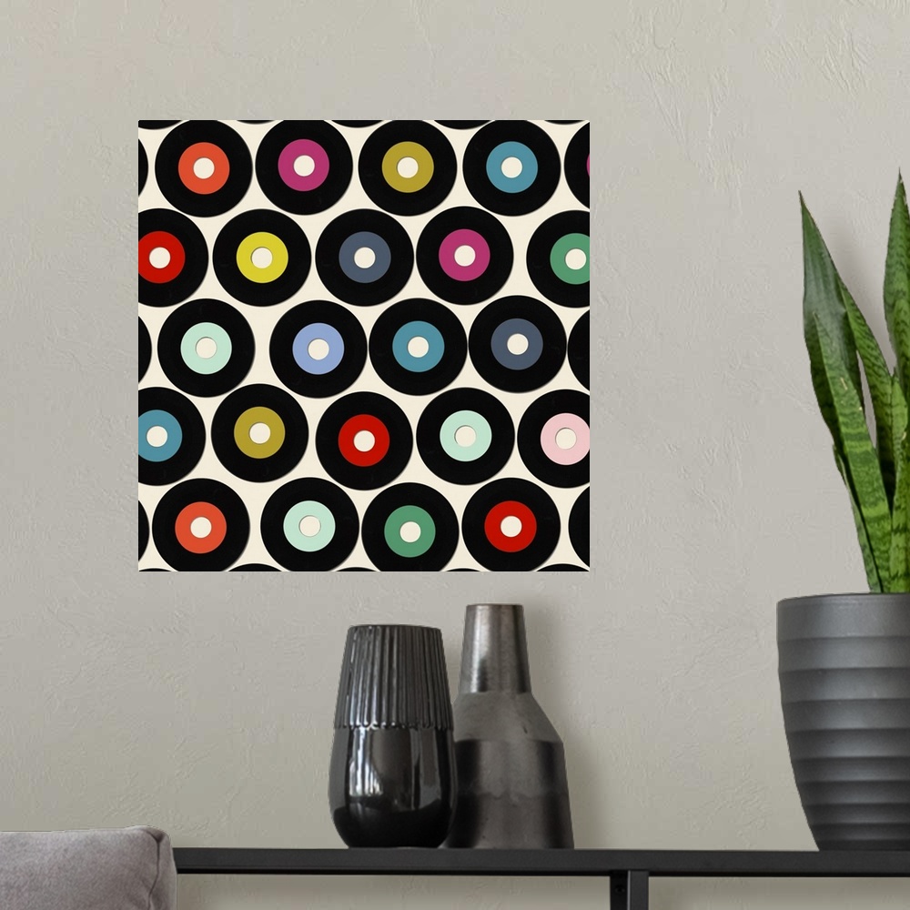 A modern room featuring Retro vinyl record pattern on white.