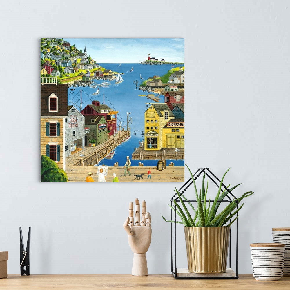 A bohemian room featuring Americana scene of an oceanside town with stores and houses on the edge of the harbor.