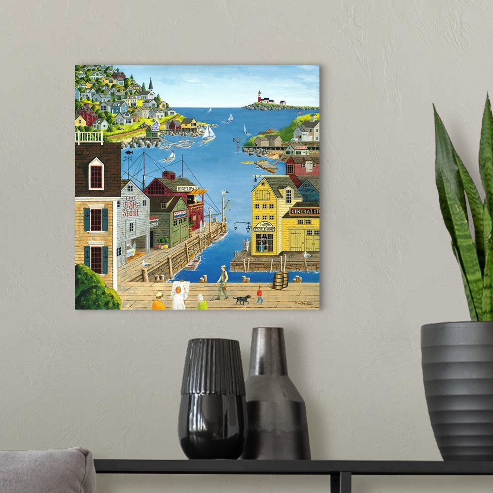 A modern room featuring Americana scene of an oceanside town with stores and houses on the edge of the harbor.