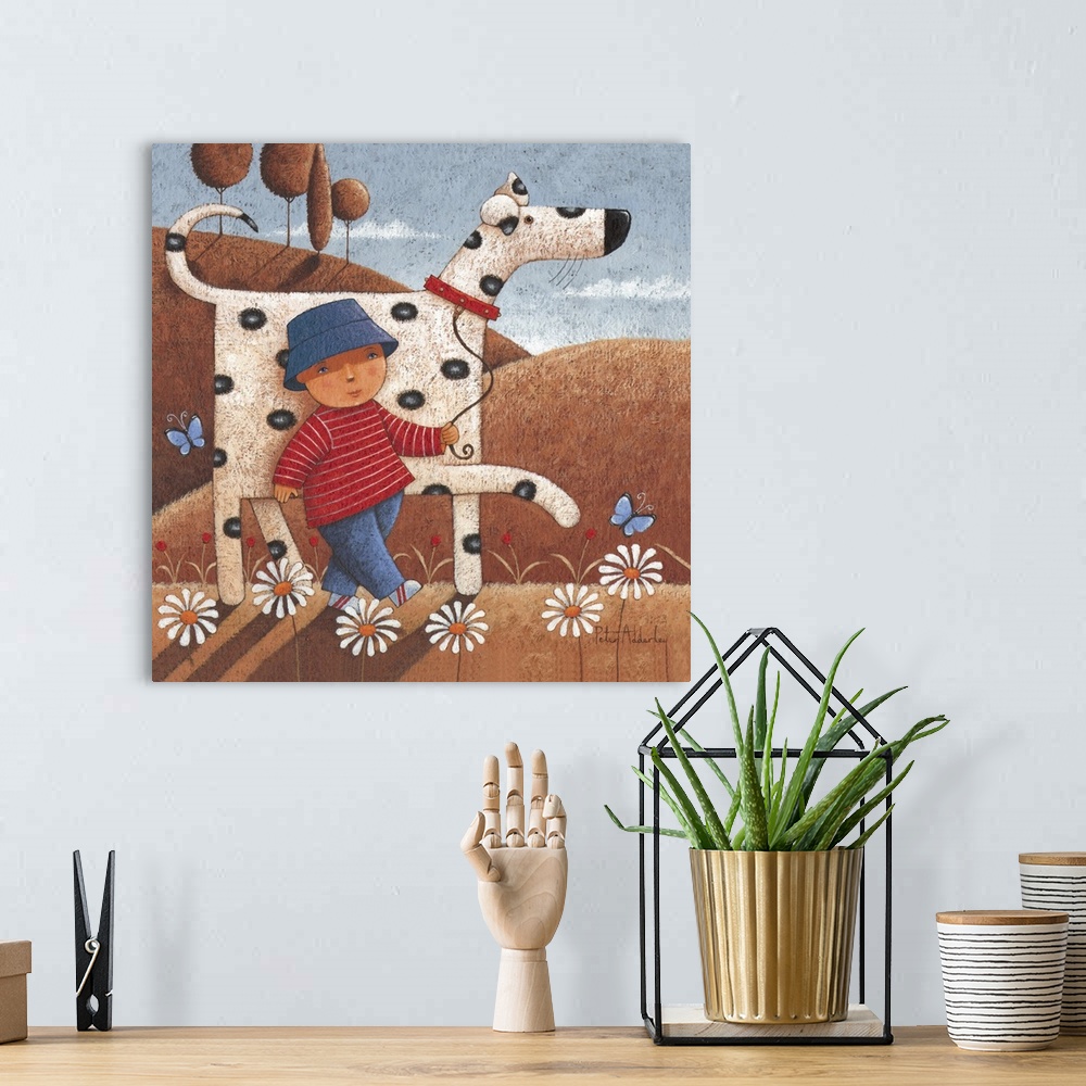 A bohemian room featuring Contemporary painting of a little boy walking his dalmatian dog through flowering fields.