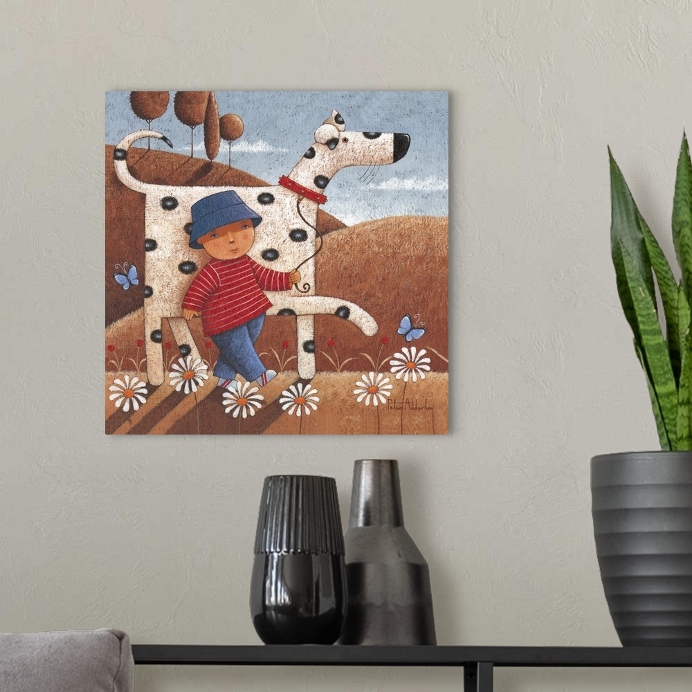 A modern room featuring Contemporary painting of a little boy walking his dalmatian dog through flowering fields.