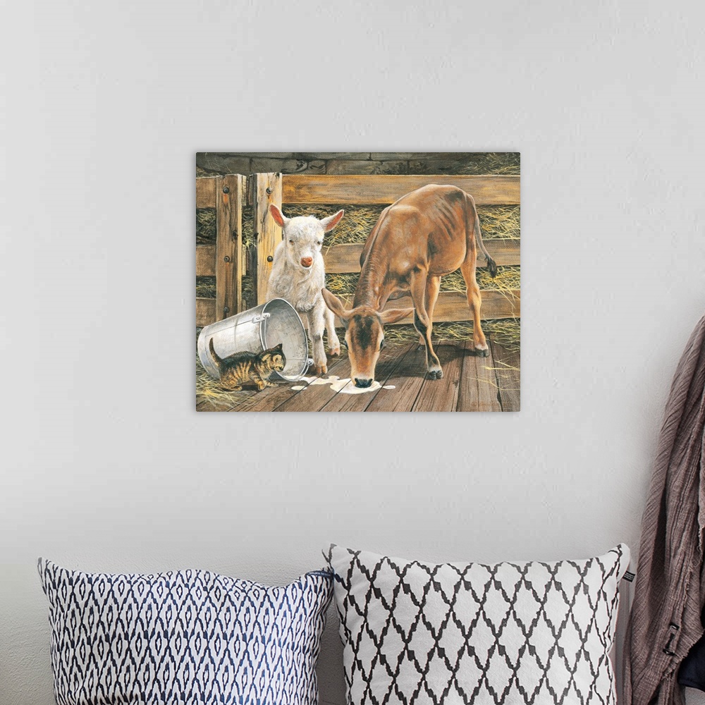 A bohemian room featuring Contemporary painting of farm animals knocking over a pail of milk.
