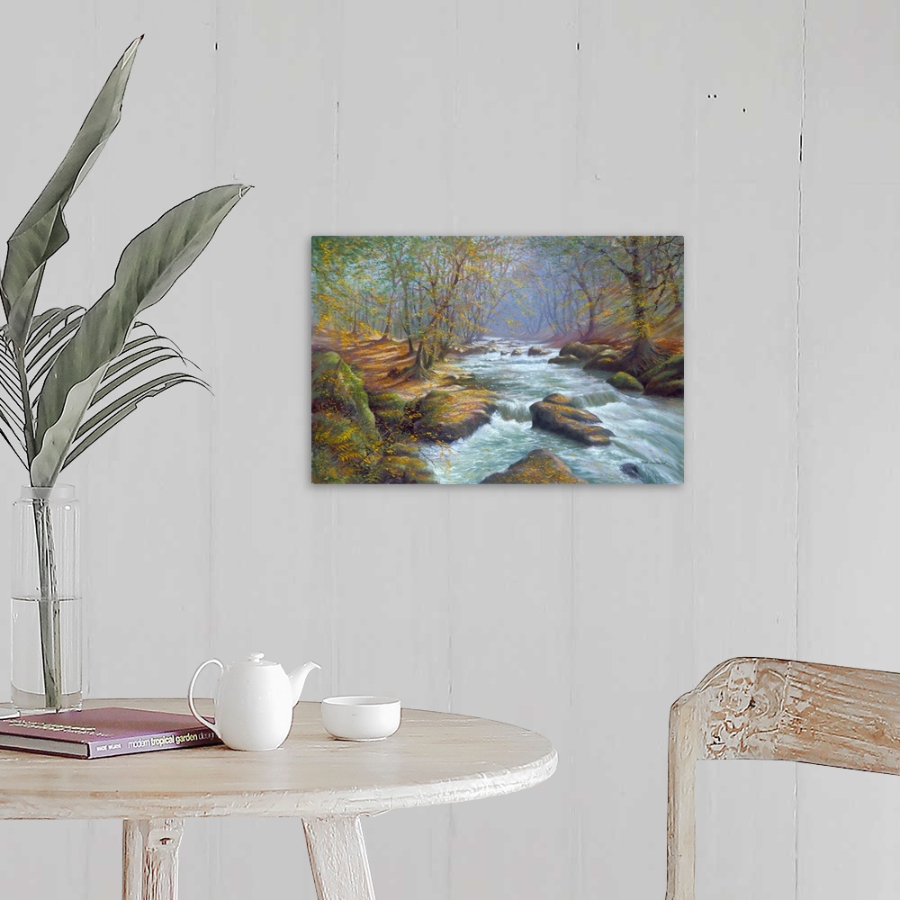 A farmhouse room featuring Contemporary painting of a river moving quickly through a forest.
