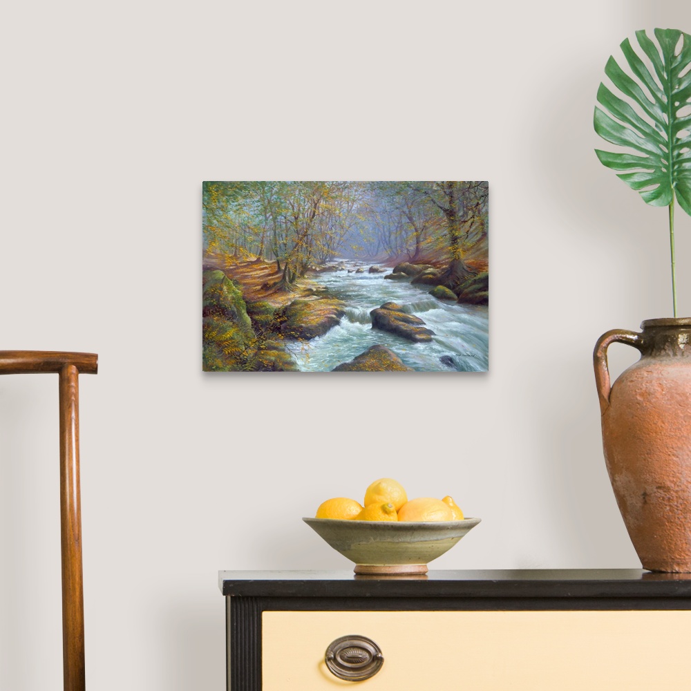 A traditional room featuring Contemporary painting of a river moving quickly through a forest.