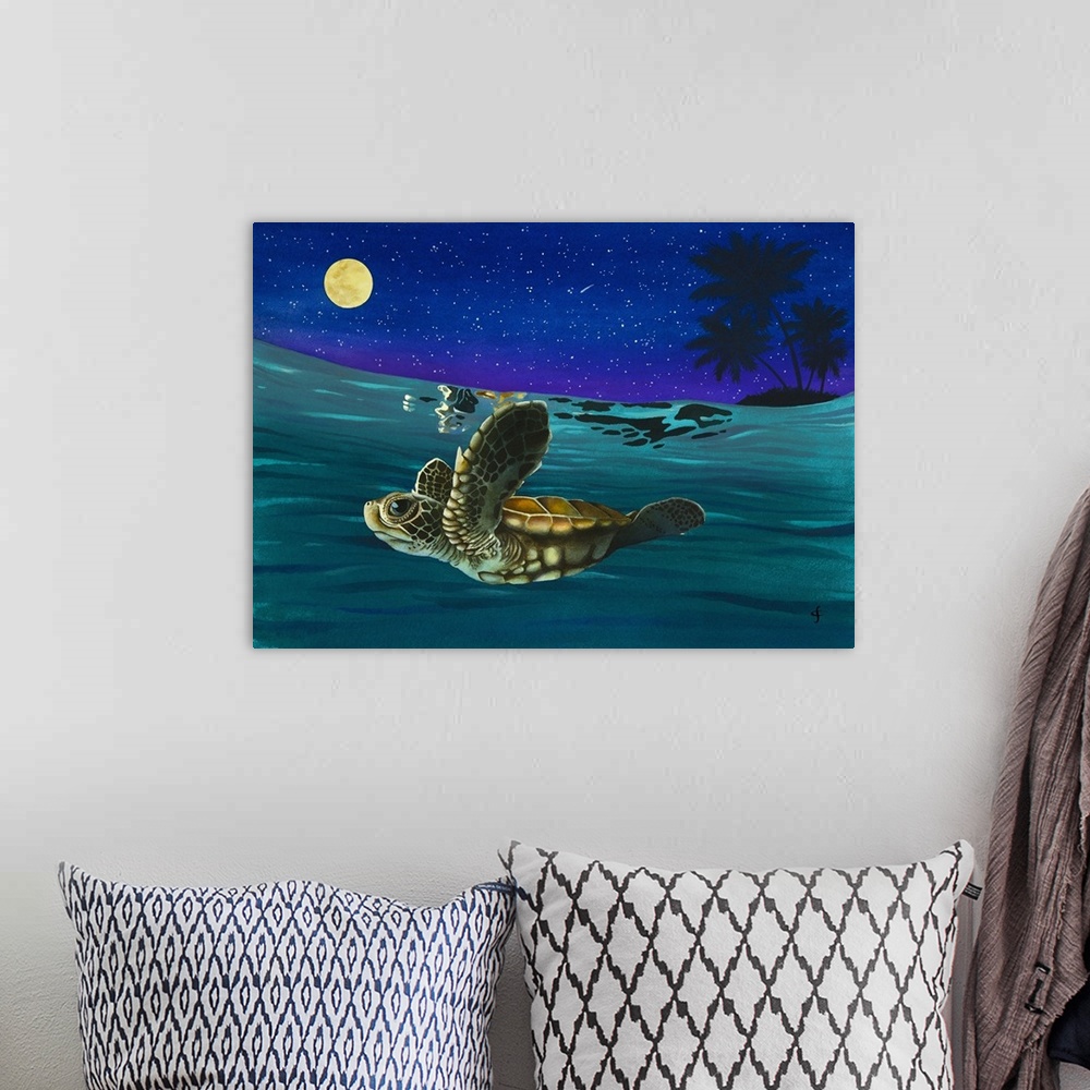 A bohemian room featuring Watercolor painting of a sea turtle swimming in the ocean underneath a full moon and a starry sky.
