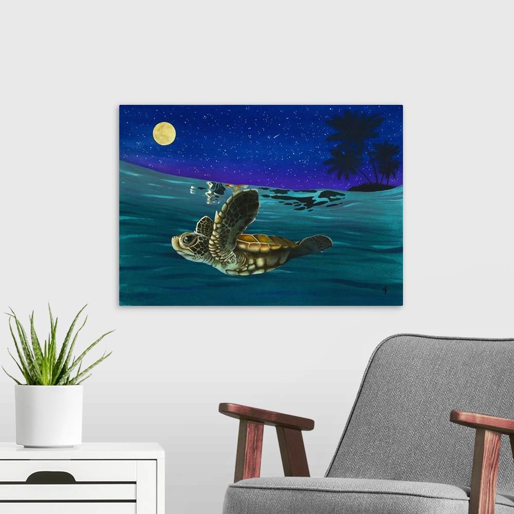 A modern room featuring Watercolor painting of a sea turtle swimming in the ocean underneath a full moon and a starry sky.