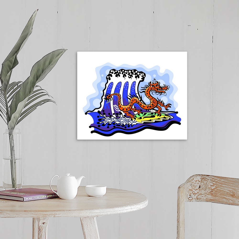 A farmhouse room featuring Contemporary artwork of a dragon surfing a big wave in the ocean in a colorful urban style.
