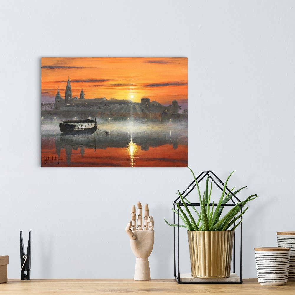 A bohemian room featuring Contemporary artwork of a silhouetted boat on a misty river in the early morning, with a city in ...
