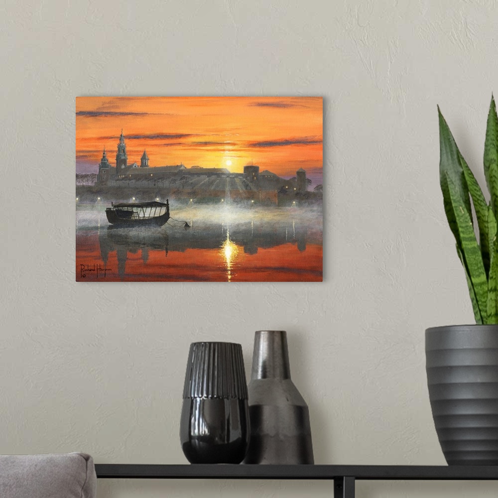 A modern room featuring Contemporary artwork of a silhouetted boat on a misty river in the early morning, with a city in ...