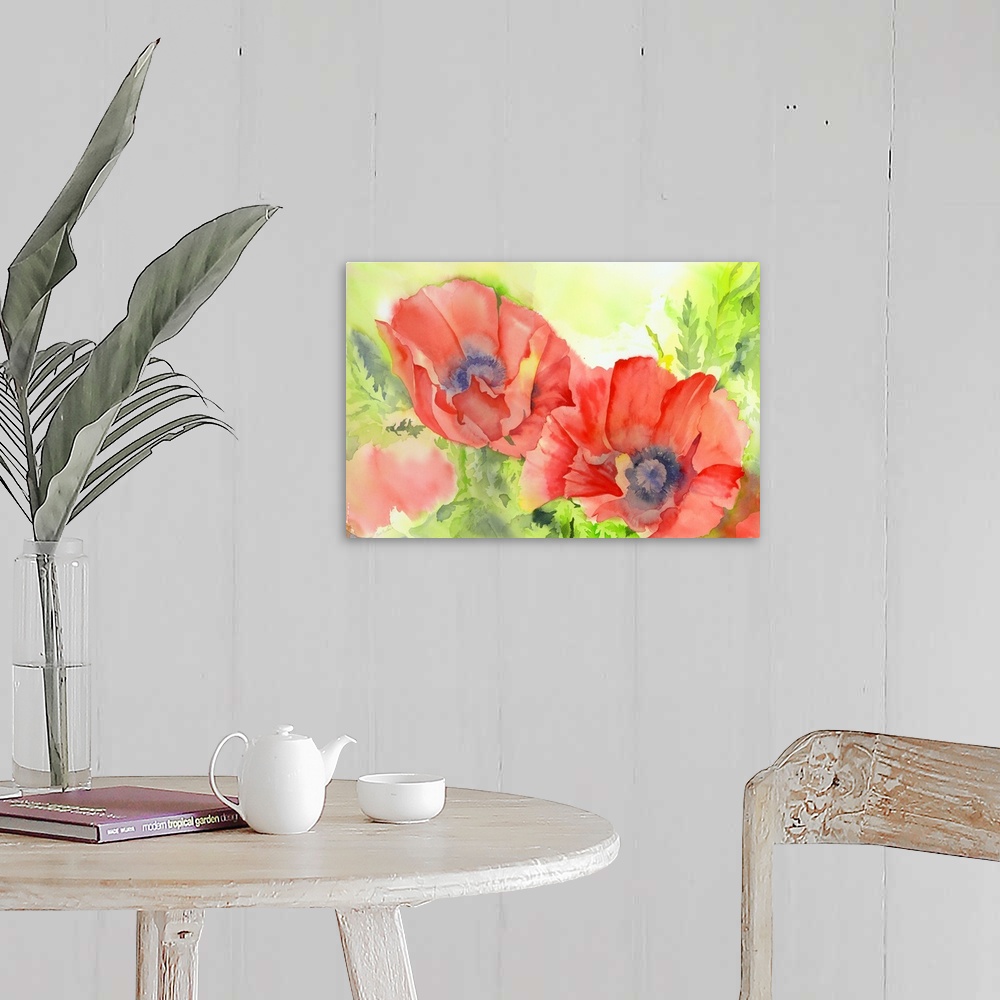 A farmhouse room featuring Contemporary watercolor painting of vibrant colorful flowers.