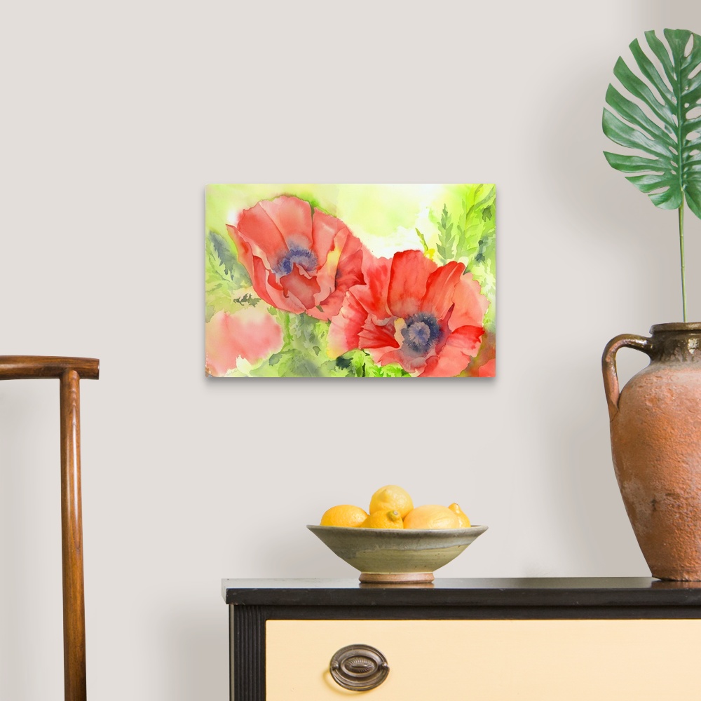 A traditional room featuring Contemporary watercolor painting of vibrant colorful flowers.