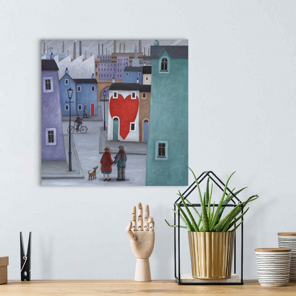 A bohemian room featuring Contemporary painting a couple walking a dog and stopped int he street looking at a house with a ...