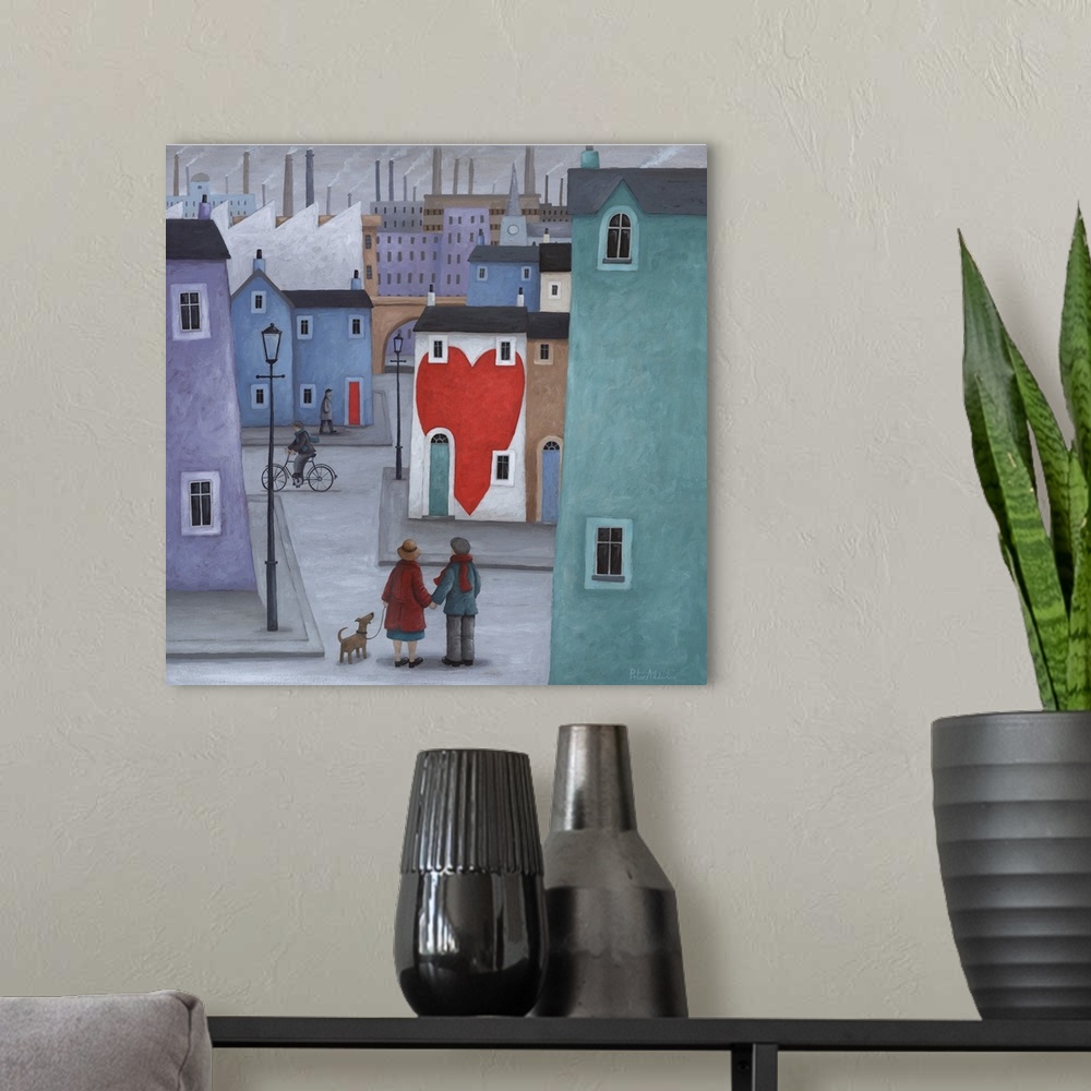 A modern room featuring Contemporary painting a couple walking a dog and stopped int he street looking at a house with a ...