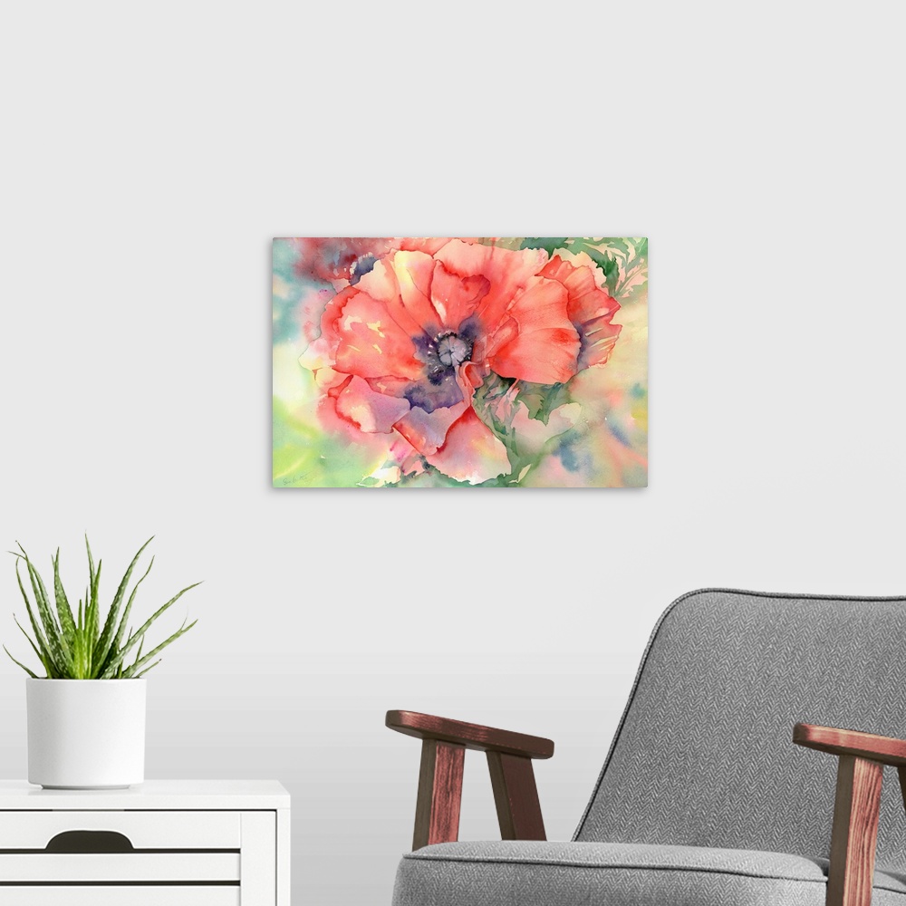A modern room featuring Contemporary watercolor painting of vibrant colorful flowers.