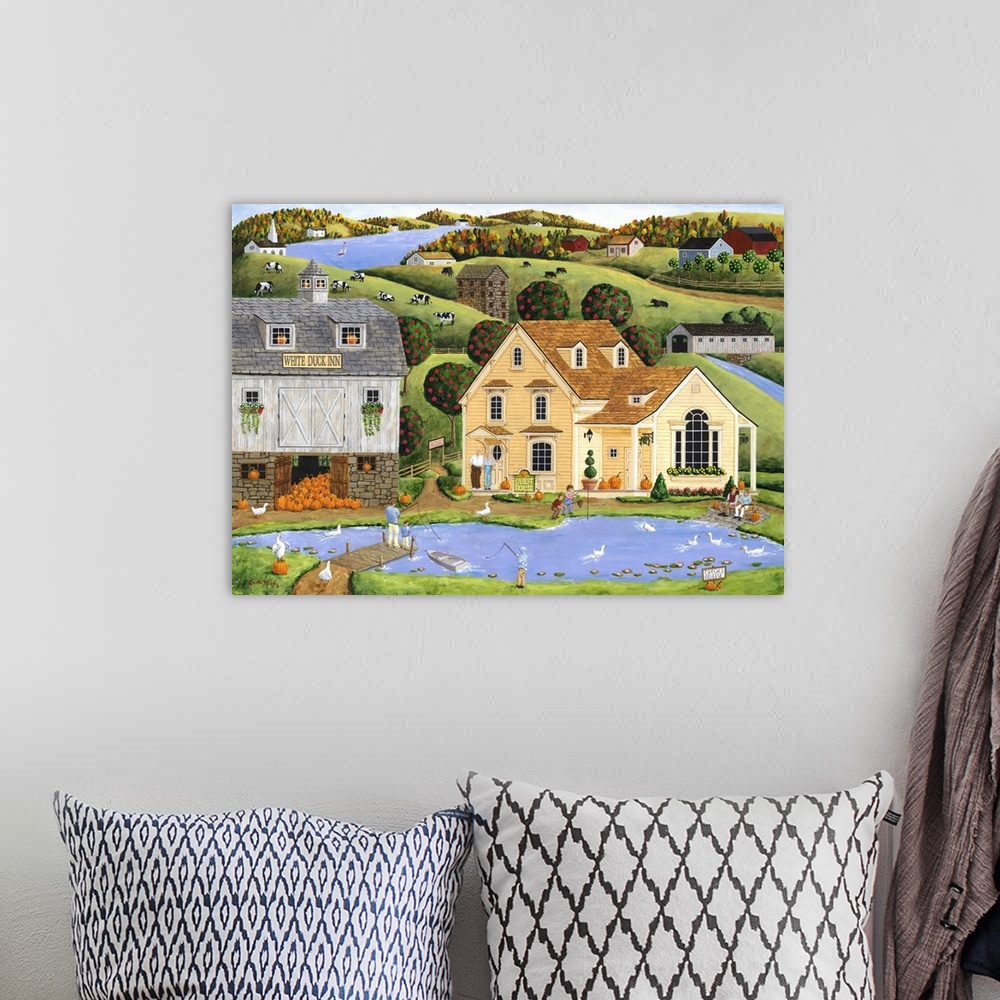 A bohemian room featuring Americana scene of people fishing in a small pond in a village.