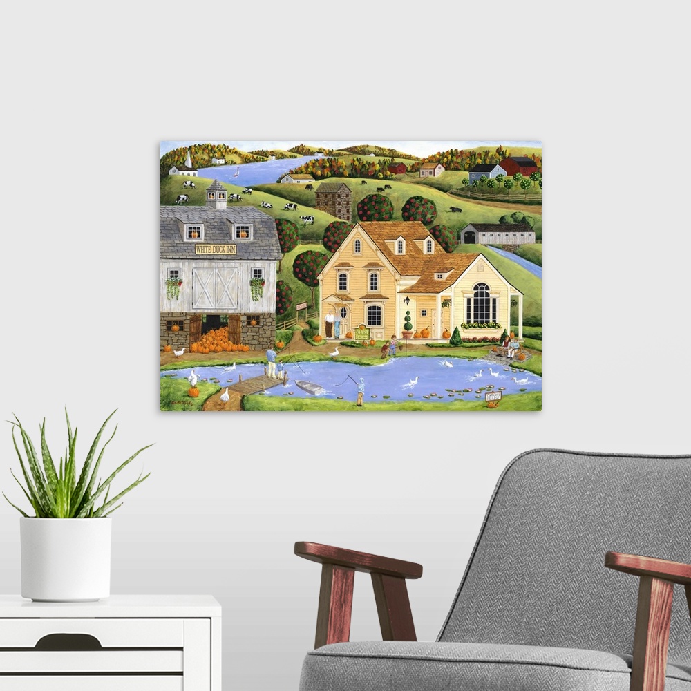 A modern room featuring Americana scene of people fishing in a small pond in a village.