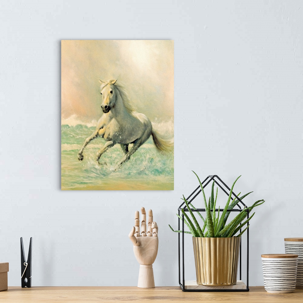 A bohemian room featuring A vertical painting created with soft brush strokes of a horse running through ocean waves.