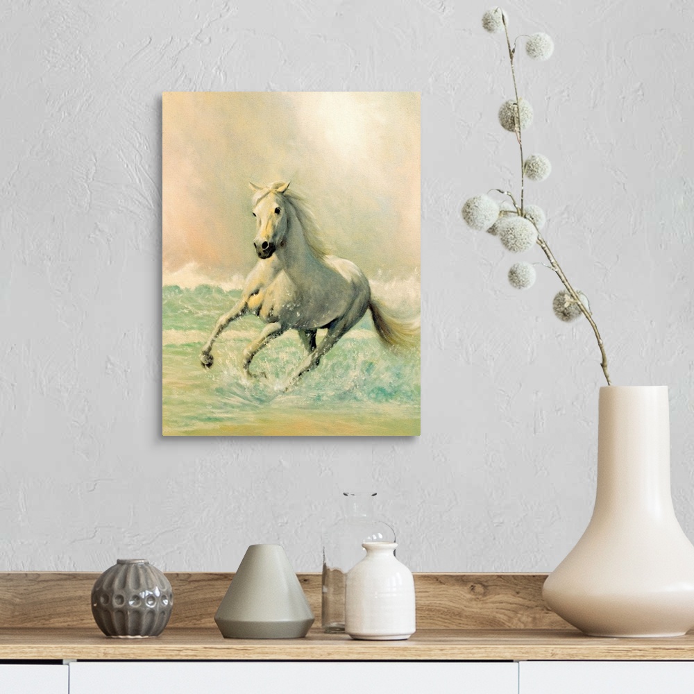A farmhouse room featuring A vertical painting created with soft brush strokes of a horse running through ocean waves.