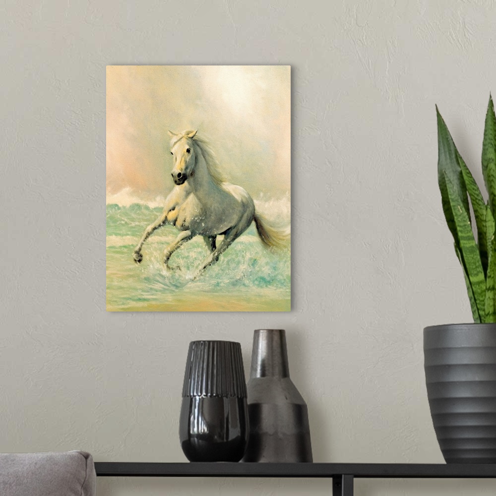 A modern room featuring A vertical painting created with soft brush strokes of a horse running through ocean waves.