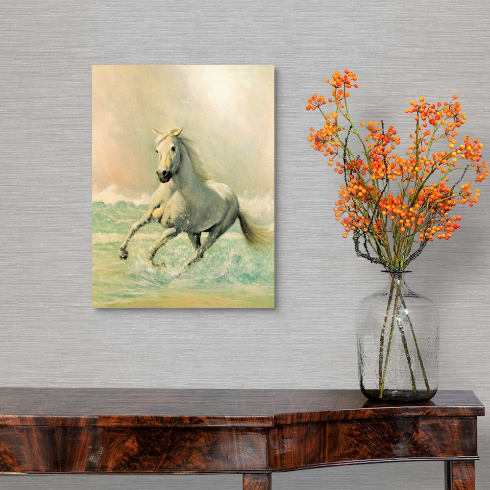 A traditional room featuring A vertical painting created with soft brush strokes of a horse running through ocean waves.