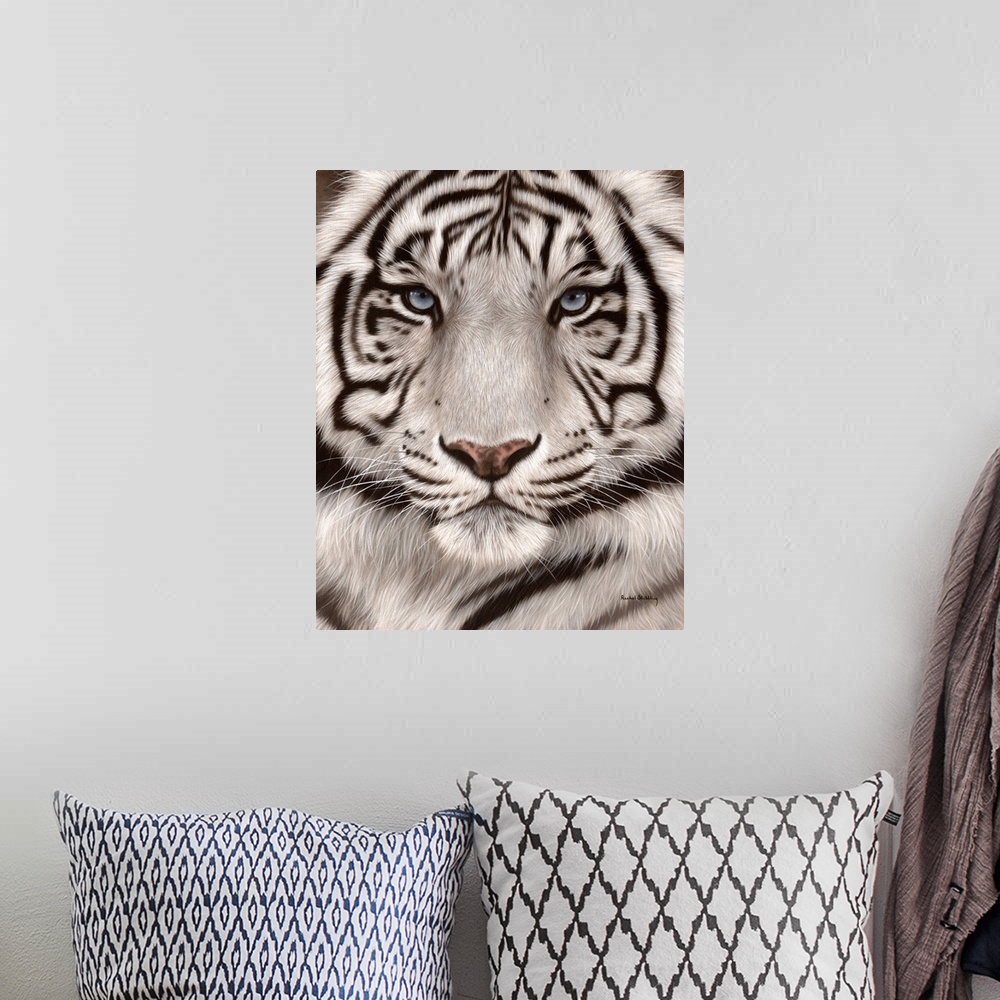 A bohemian room featuring Close up portrait of a white tiger face.