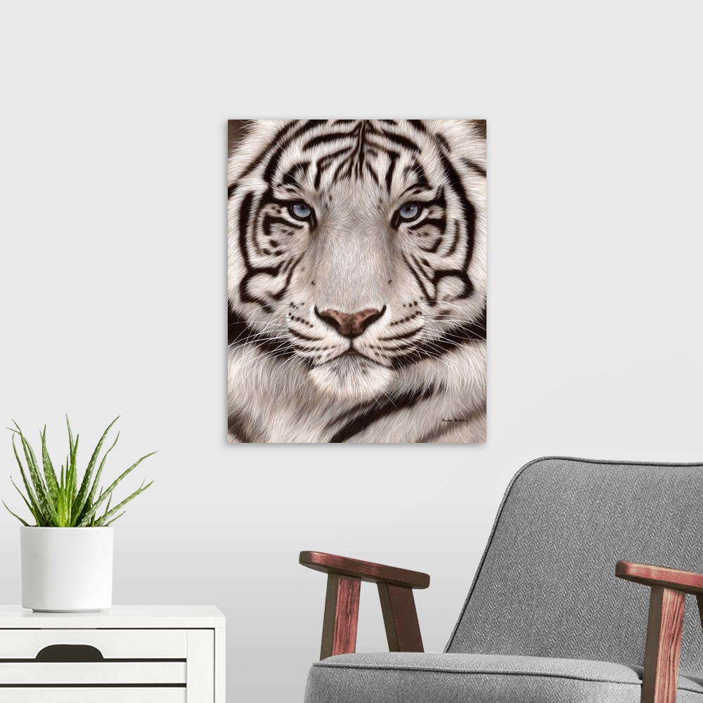 A modern room featuring Close up portrait of a white tiger face.