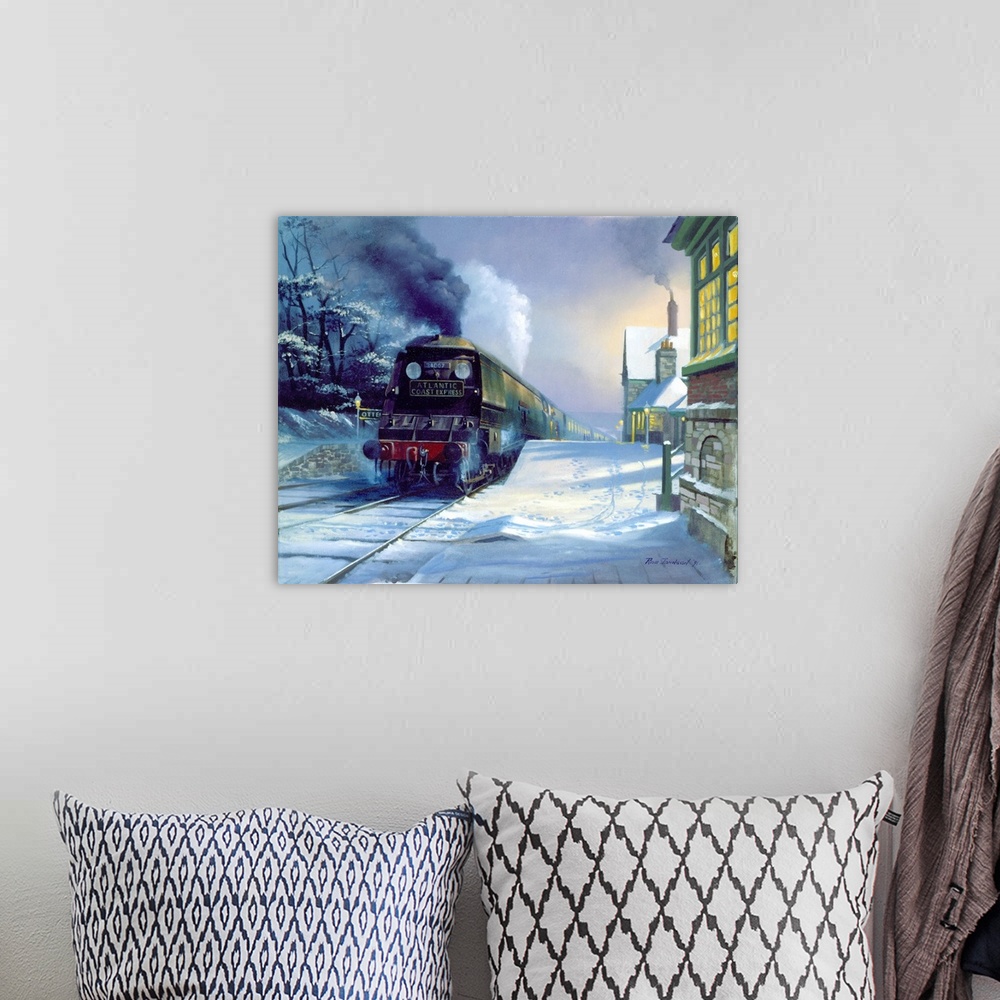 A bohemian room featuring Contemporary painting of a steam engine pulling a station in snow covered town in winter.