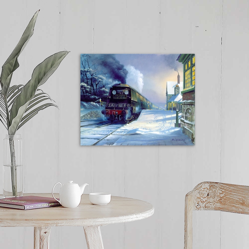 A farmhouse room featuring Contemporary painting of a steam engine pulling a station in snow covered town in winter.