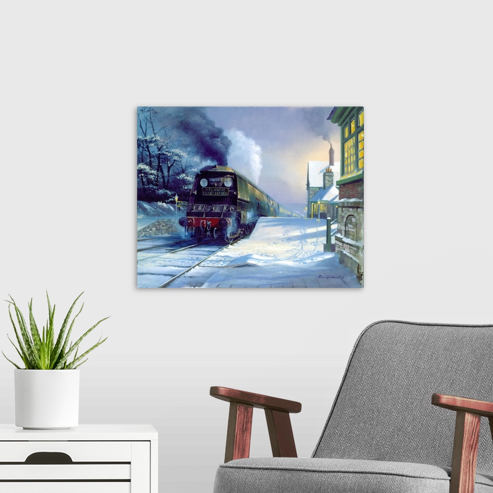 A modern room featuring Contemporary painting of a steam engine pulling a station in snow covered town in winter.