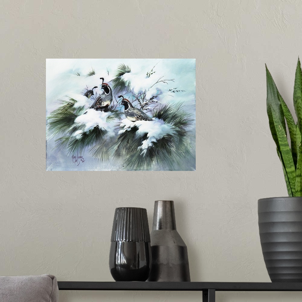 A modern room featuring Contemporary painting of quails resting in a snowy patch of grass in winter.