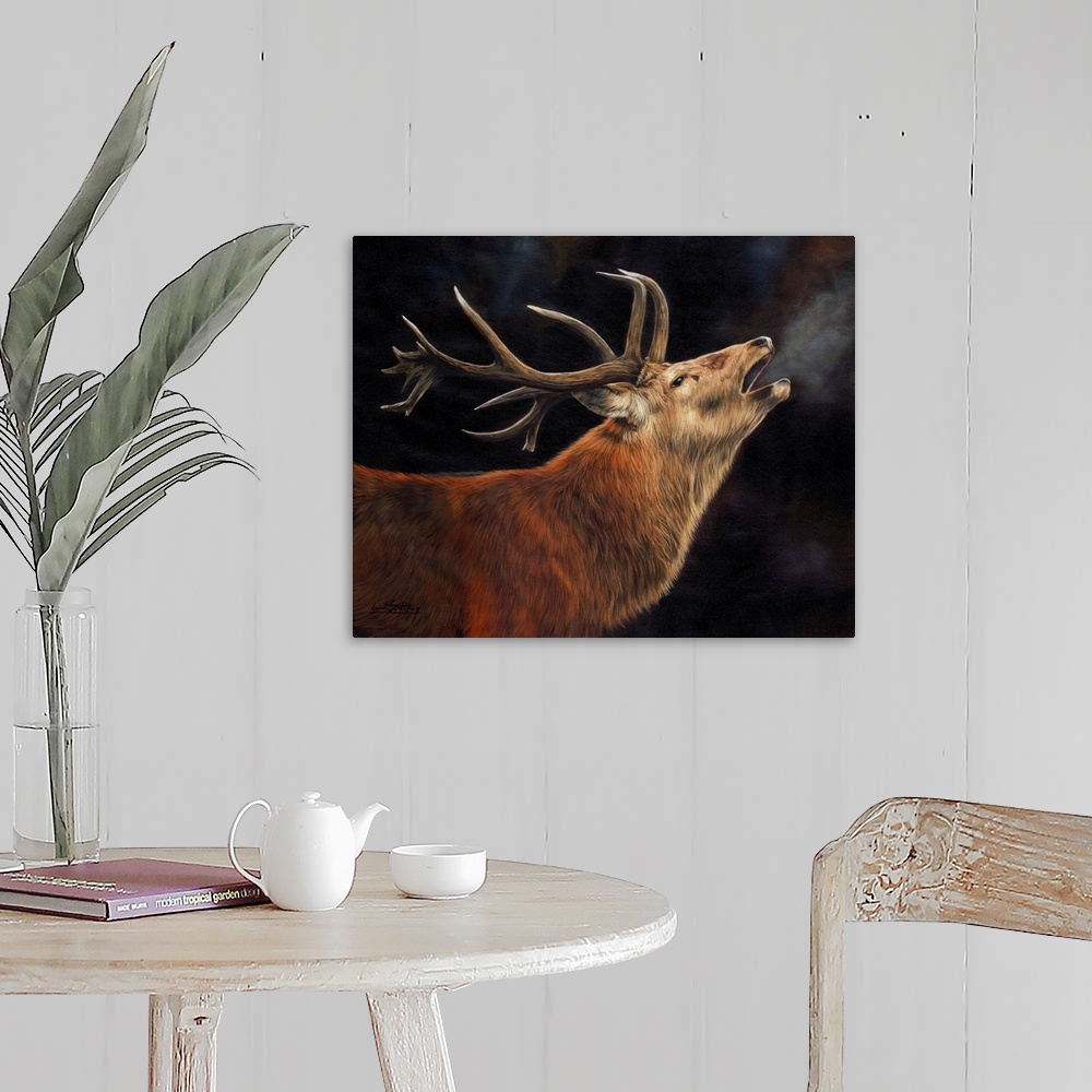 A farmhouse room featuring Contemporary painting of male deer bellowing into the cold air.