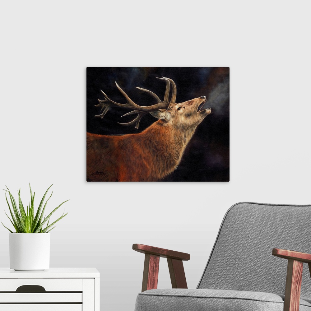 A modern room featuring Contemporary painting of male deer bellowing into the cold air.