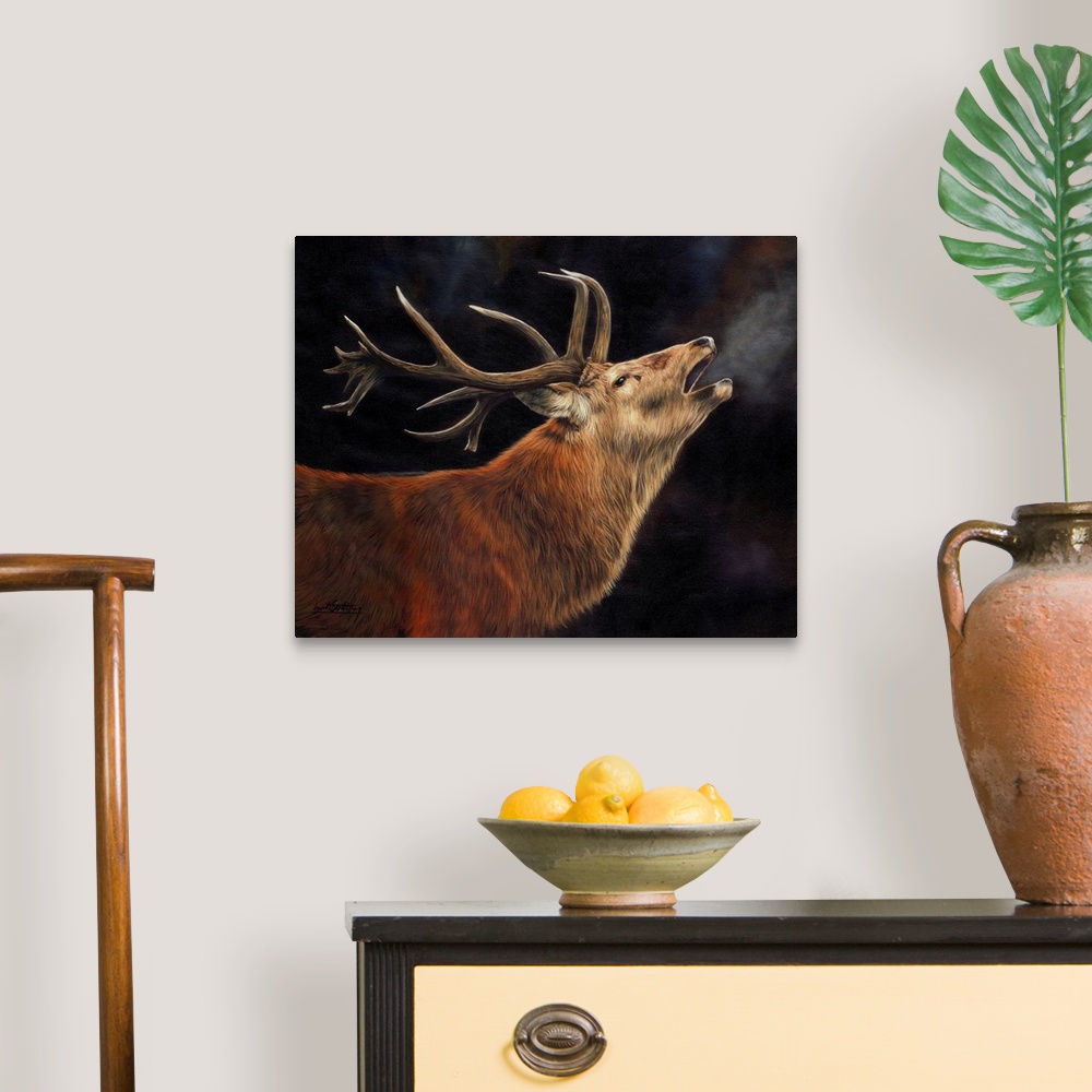 A traditional room featuring Contemporary painting of male deer bellowing into the cold air.