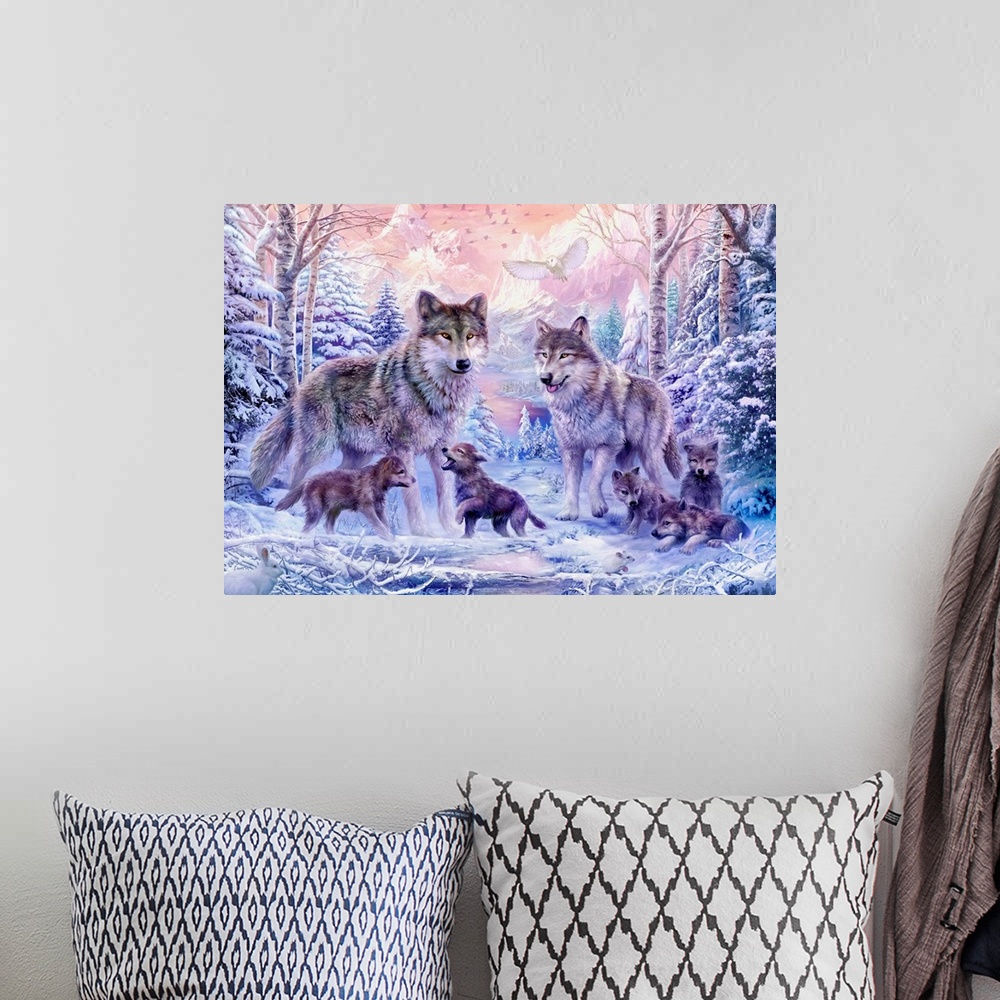 A bohemian room featuring Fantasy painting of two adult wolves with their pups in a snowy landscape with rugged bright moun...
