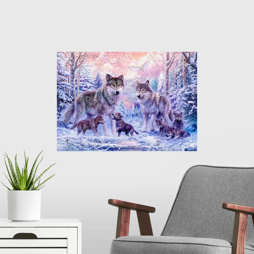 A modern room featuring Fantasy painting of two adult wolves with their pups in a snowy landscape with rugged bright moun...