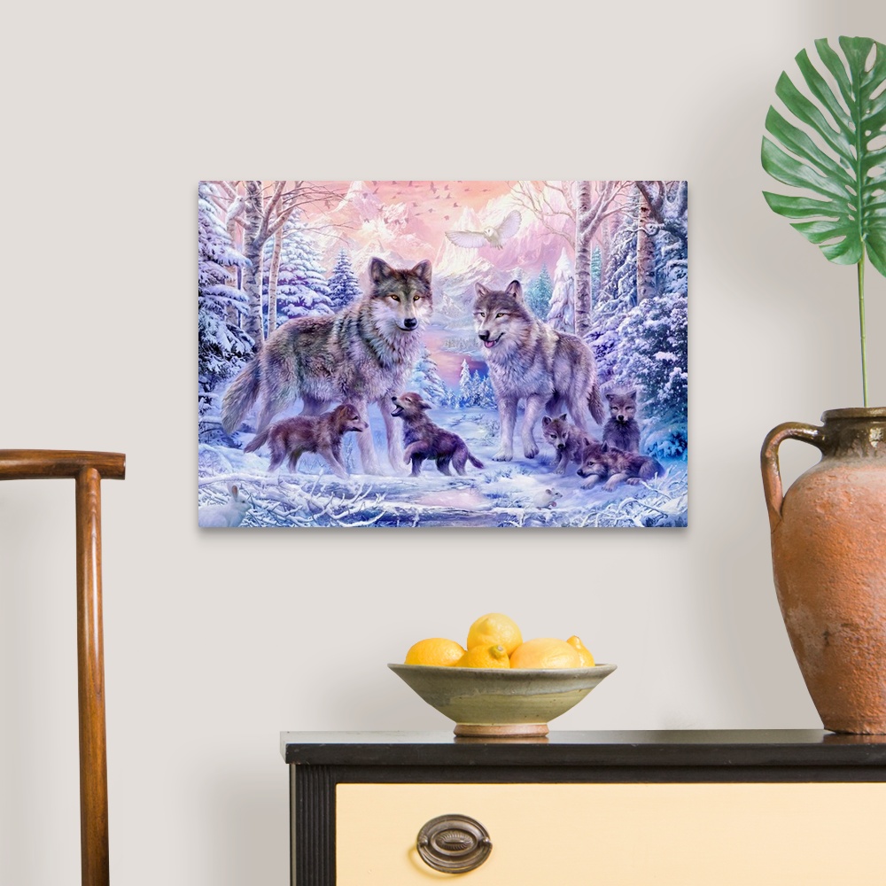 A traditional room featuring Fantasy painting of two adult wolves with their pups in a snowy landscape with rugged bright moun...