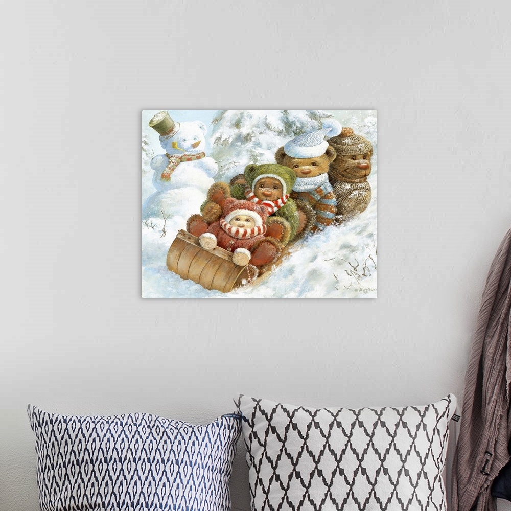 A bohemian room featuring Teddy bears riding a toboggan past a snowman in winter.