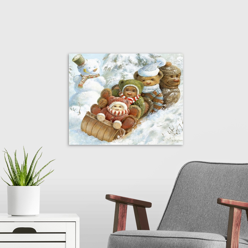 A modern room featuring Teddy bears riding a toboggan past a snowman in winter.