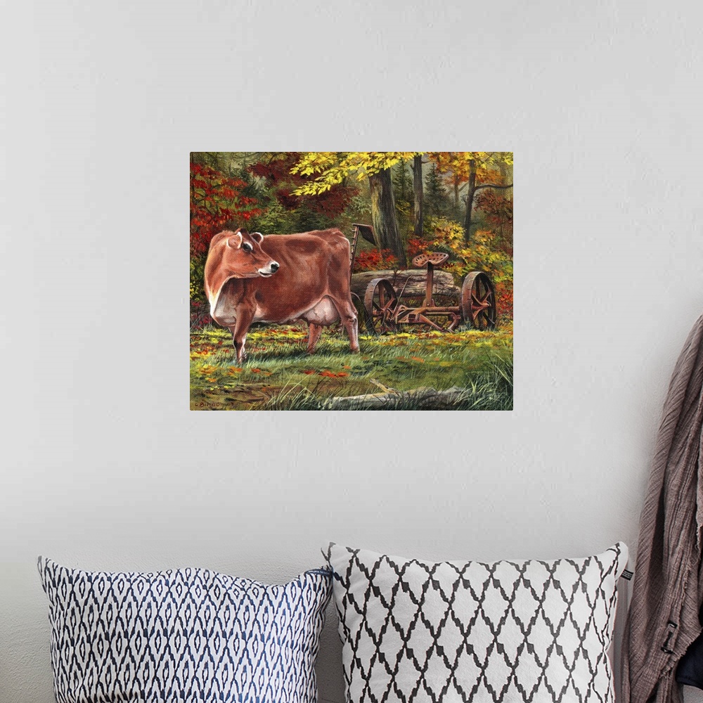 A bohemian room featuring Contemporary painting of a cow in a forest clearing next to an old piece of farm equipment.