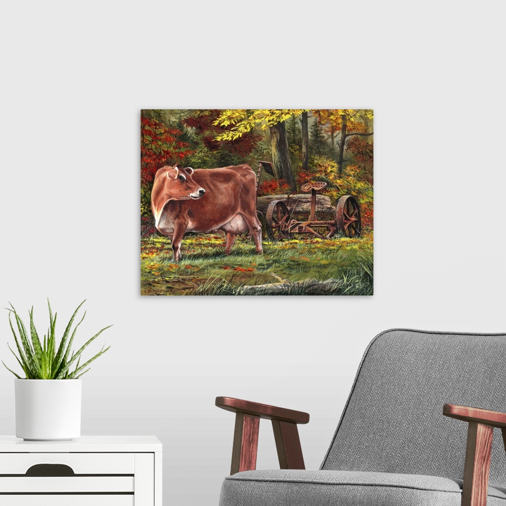 A modern room featuring Contemporary painting of a cow in a forest clearing next to an old piece of farm equipment.