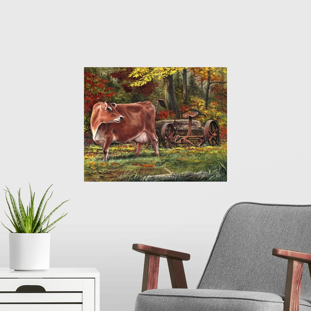 A modern room featuring Contemporary painting of a cow in a forest clearing next to an old piece of farm equipment.