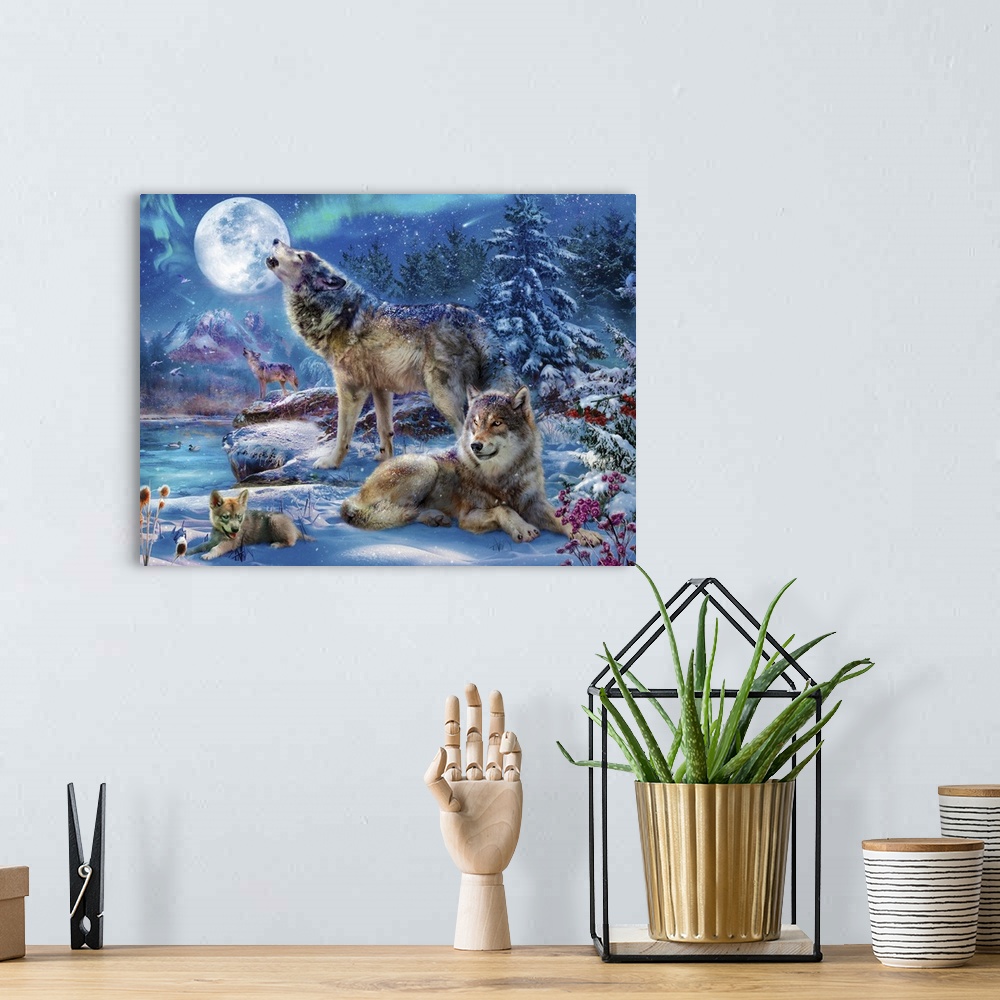 A bohemian room featuring Illustration of a pack of wolves howling at the full moon in a snowy setting.
