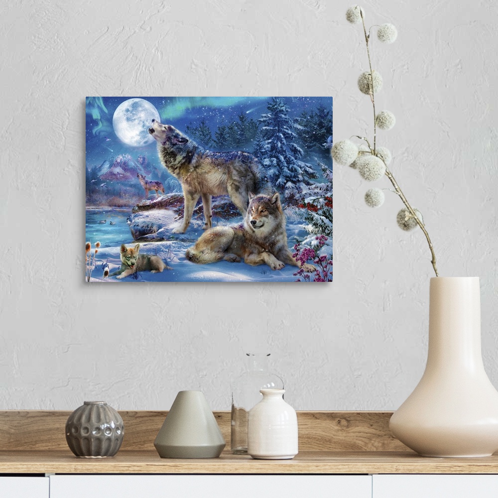 A farmhouse room featuring Illustration of a pack of wolves howling at the full moon in a snowy setting.